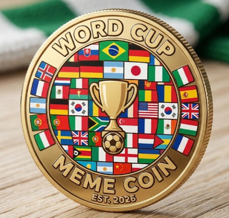 Word Cup Meme Coin golden logo with world flags
